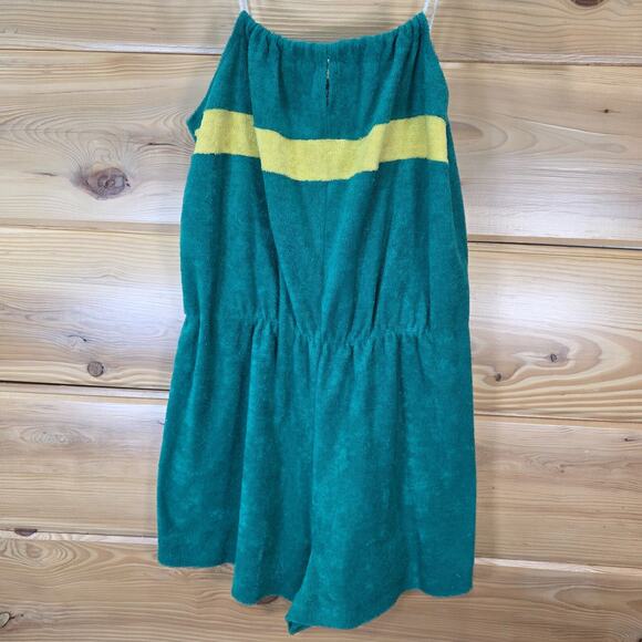 VTG Terry Cloth Romper Shorts 70s Women Medium Green Stripe Distress READ - Picture 2 of 14